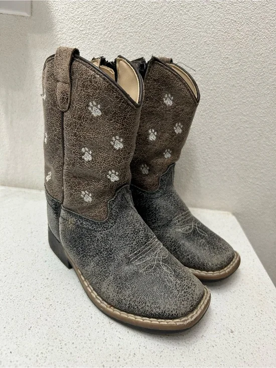 Kids Brown Paw-Print Cowboy Boots