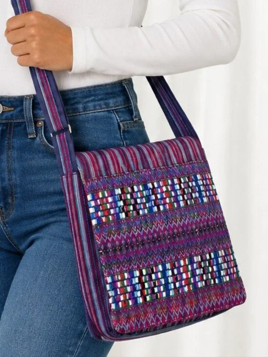 👜 Multicolor Woven Boho Crossbody Purple Pink Tribal Geometric Shoulder Purse