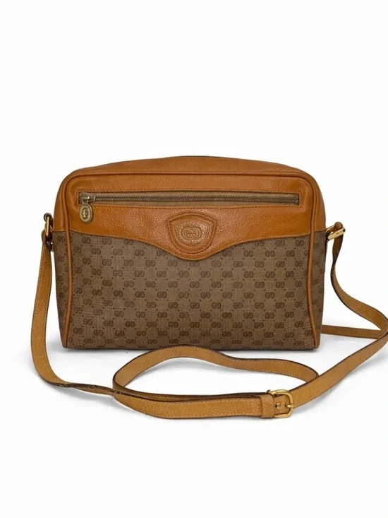 Gucci Vintage GG Monogram Canvas Crossbody Bag Brown Leather Trim Messenger