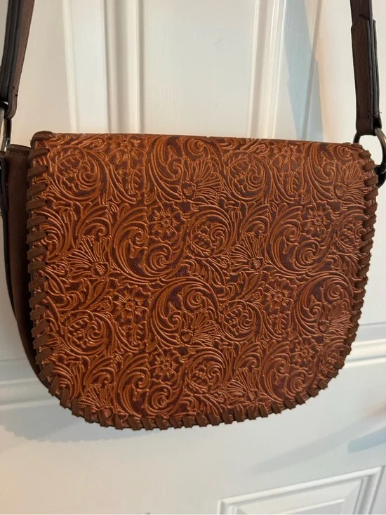 Justin Boots Tooled Brown Leather Crossbody Bag
