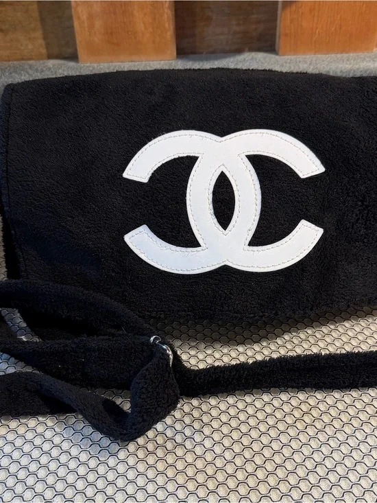 Fashion black Terry Cloth Crossbody Bag with White CC Logo