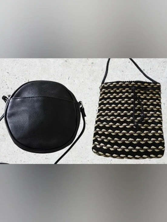 Purse Lot Of 2 Small Handbags Black Woven, Black Faux Leather Crossbody Bag