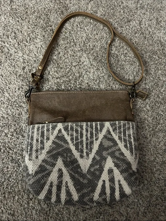 Myra Bag Coffee Canvas Small Crossbody Aztec Woven Geometric Leather
