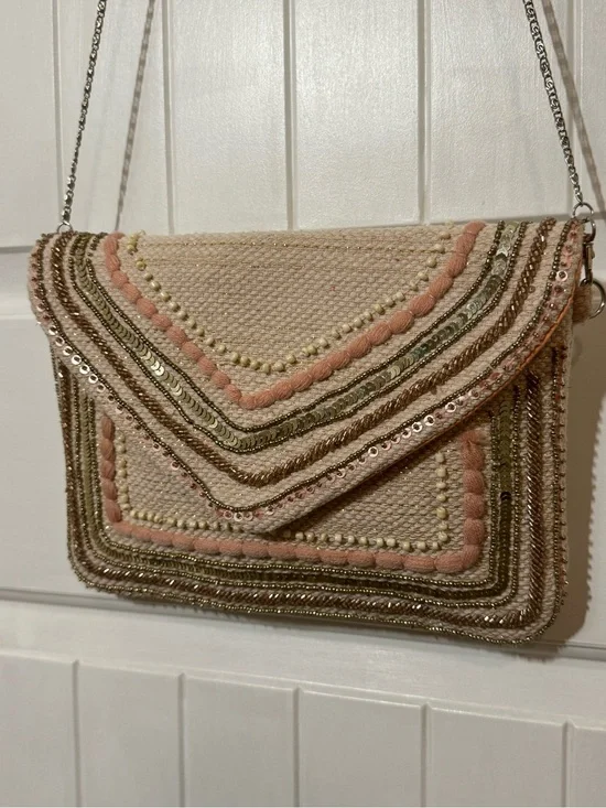America & Beyond Embellished Pink & Cream Beaded Envelope Crossbody Bag/Clutch