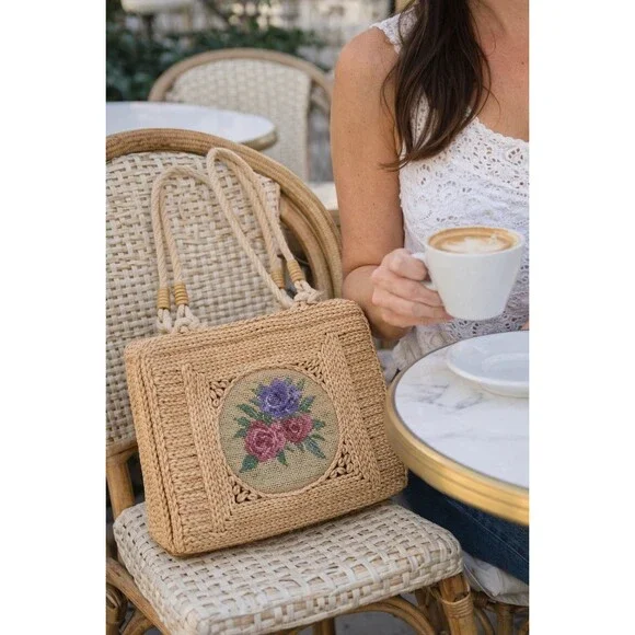 Vintage Handmade Woven Straw Embroidered Floral Bag Boho‎ Cottagecore  Purse