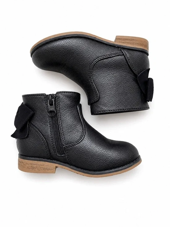 Cat & Jack Girls Black Ankle Boots Size 8 Bow Side Zip Faux Leather
