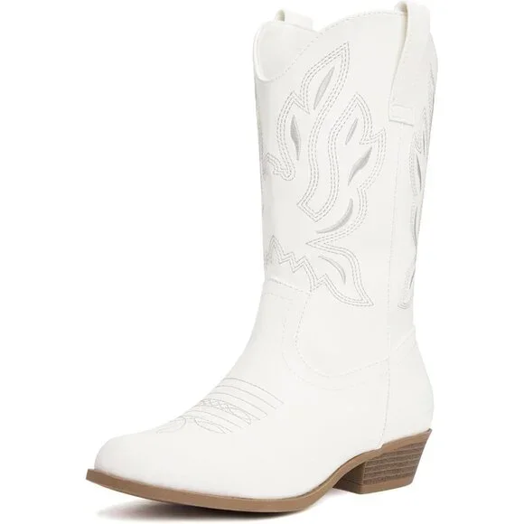 ⚡Kid White Polyurethane Cowboy Pointed Toe Mid-Calf Embroidered Side Zipper Boot