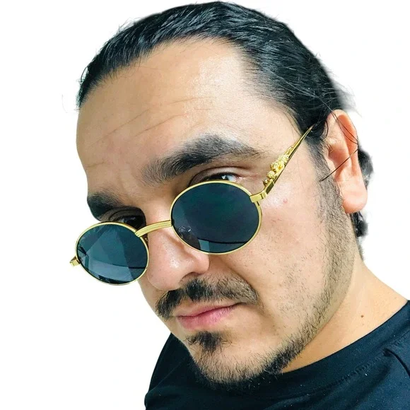 Round Sunglasses Dark Black Lens Gold Metal Frame‎ Men's Fashion Shades Lentes
