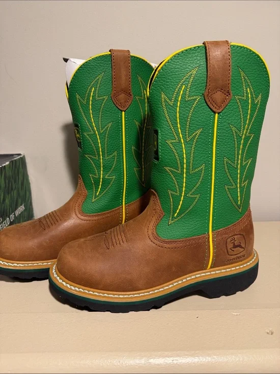 John Deere Green and Brown Kids Pull-On Western Boots with Yellow Trim