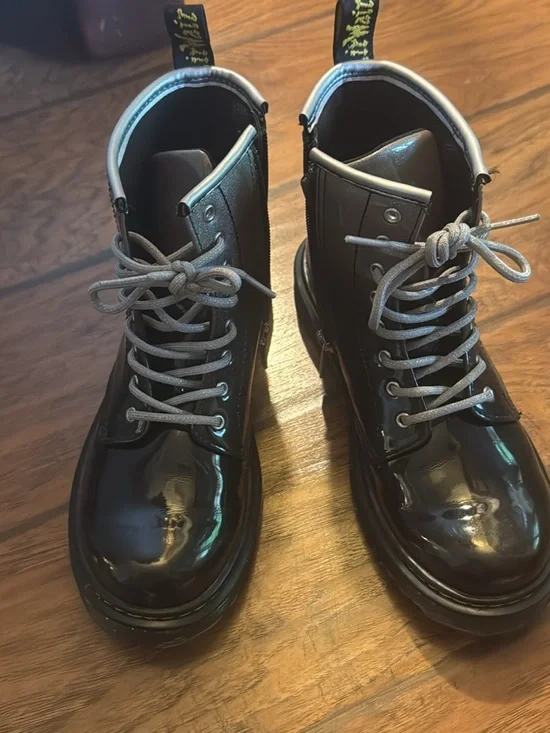 Dr. Martens Black Patent Leather Boots with Silver Laces