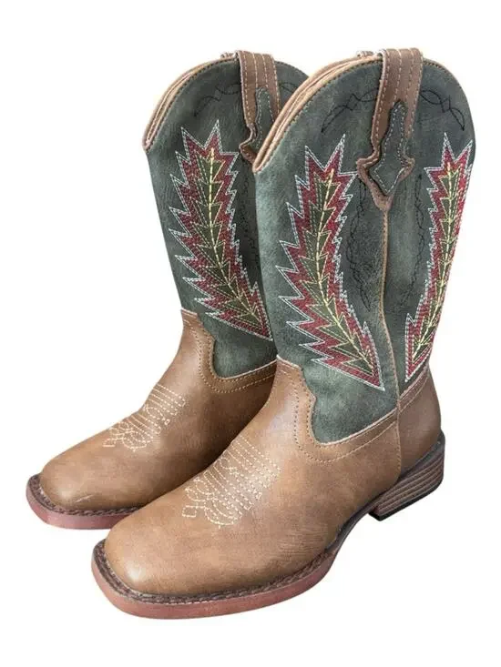 Roper Boys' Arrowheads Western Boots Brown Olive Green Embroidered Size 13