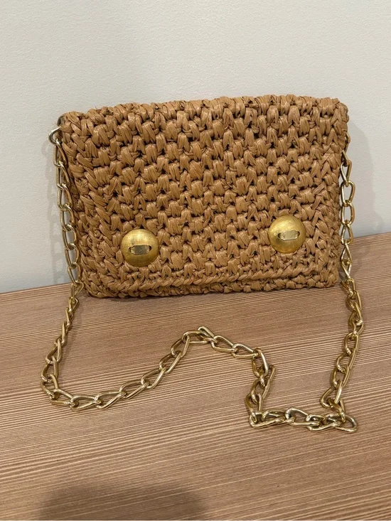 Vintage RODO Italy Woven Raffia Crochet Flap Crossbody Bag Clutch Gold Chain