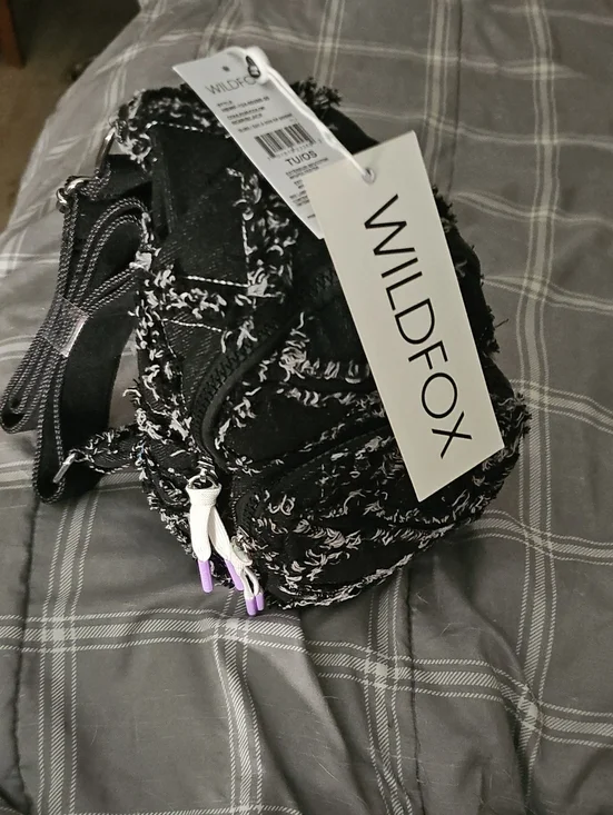 Wildfox Black & White Tweed Crossbody Bag with Lavender Zipper Pulls
