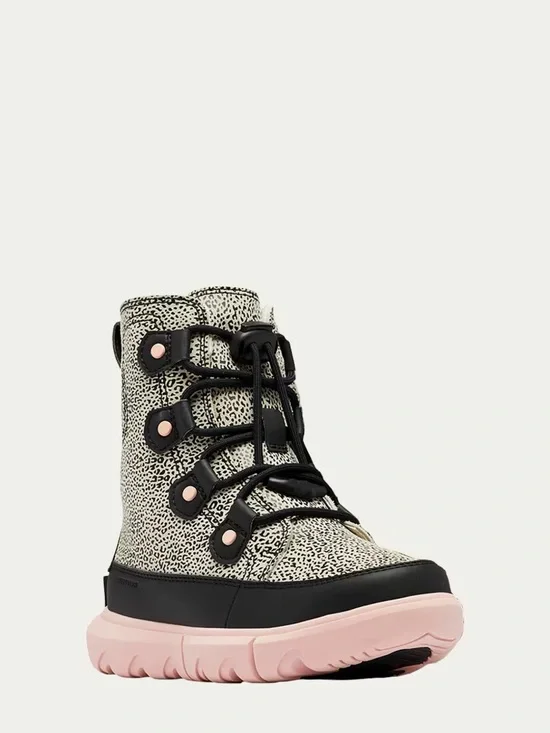 SOREL Kids Printed Black & Pink Lace-Up Explorer Snow Boot