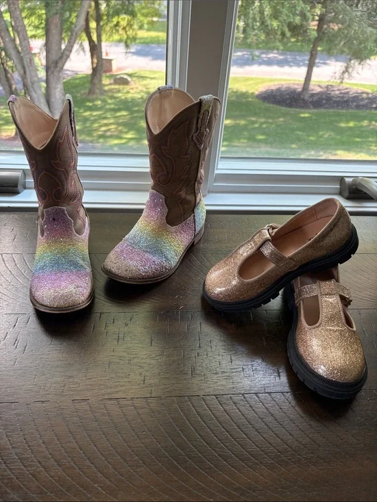 Girls Glitter Rainbow Cowgirl Boots & Rose Gold Mary Janes Set