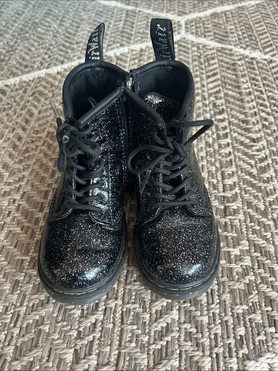 Dr. Martens Kids Black Glitter Lace-Up Ankle Boots with Side Zip