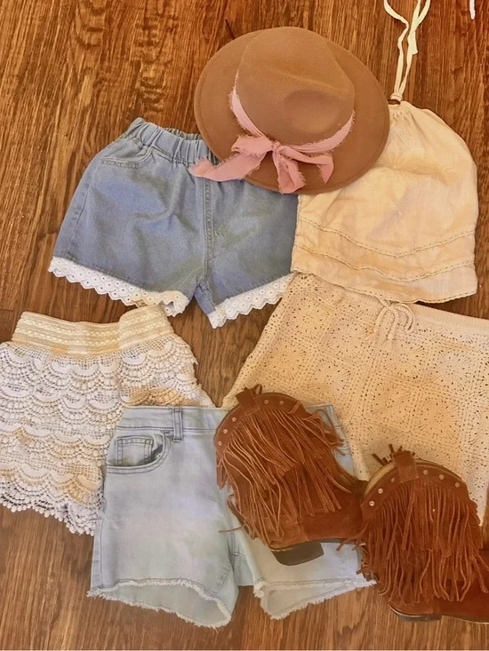 Girls Western Cowgirl Boho Clothing Bundle Denim Crochet Fringe Boots