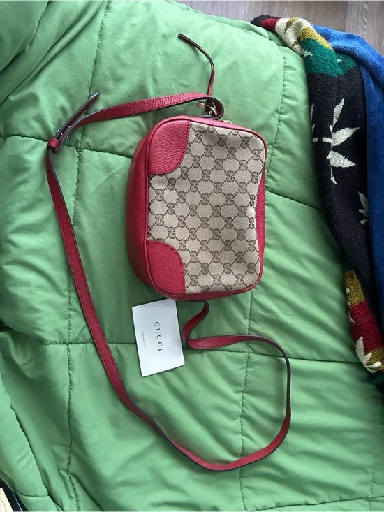 Gucci Beige GG Canvas and Red Leather Crossbody Bag