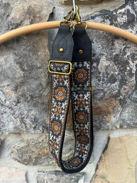 Adjustable Black Crossbody Strap with Brown Floral Jacquard Boho Whimsigoth