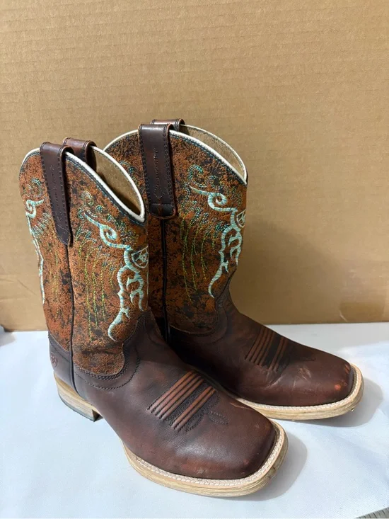 Ariat kids SZ 12  cowboy cowgirl western boots brown teal leather‎ square toe