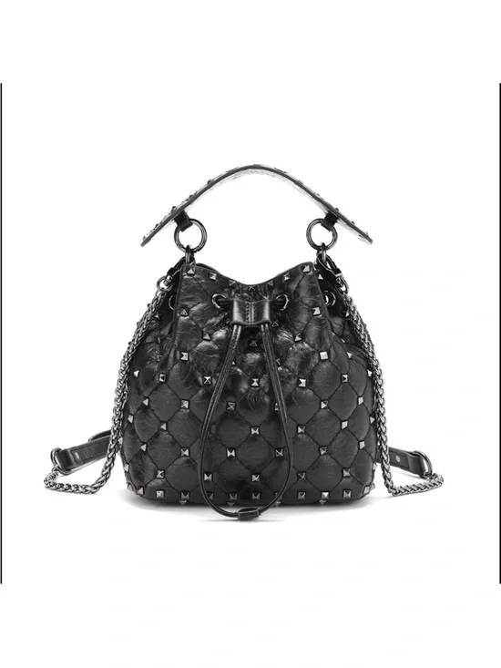 Studded Quilted Drawstring Bucket Bag - Black Genuine leather