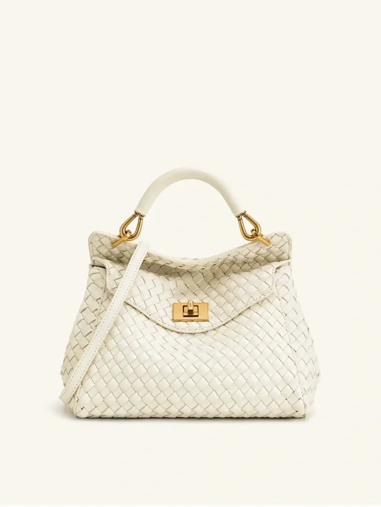 JW PEI Cream Woven Top-Handle Crossbody Bag with Gold Hardware
