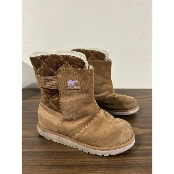 Sorel Rylee Boots Girls Sz 3‎ Waterproof Winter Suede Fleece Slip-on Brown Gold