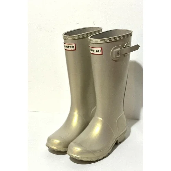 HUNTER Youth Kids Silver Metallic Rubber Rain Boots Size 3 Boys, 4 Girls