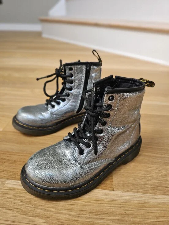 Dr Martens 1460 Crinkle Metallic Lace Up Boots Silver Disco Crinkle