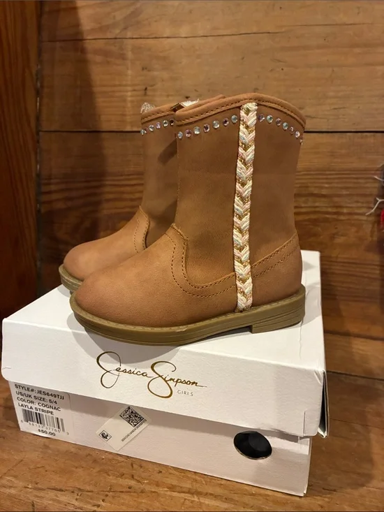 NIB Jessica Simpson Girls Cognac Pink Braided Trim Western Boots Sz 5