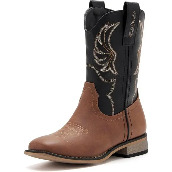 ⚡Girls Brown Black Embroidered Cowgirl Boots Western Square Toe Mid Calf