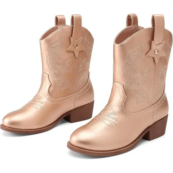 ⚡Girls Rose Gold Cowgirl Boot With Low Heel Western Embroidered Fashion Mid Calf