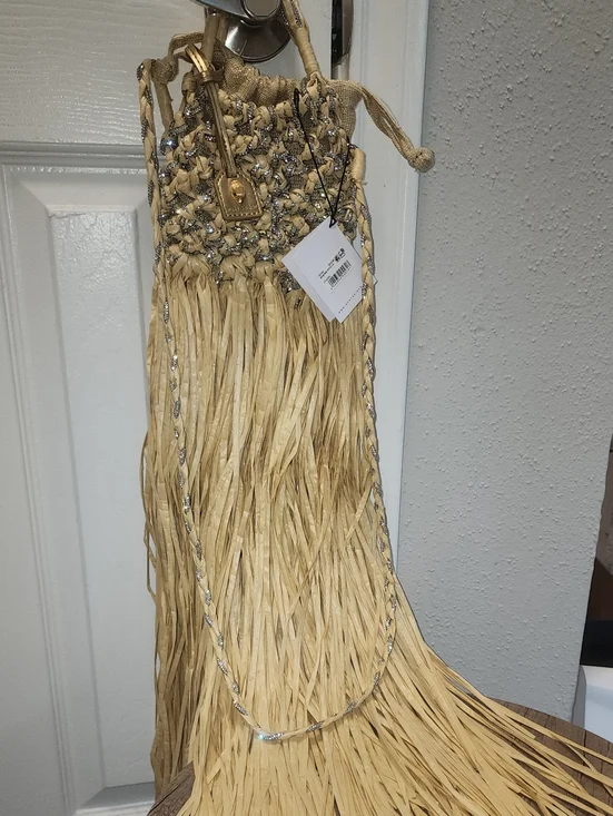 Kurt Geiger Straw Fringe Hanging Bag in Natural with Silver Accents
