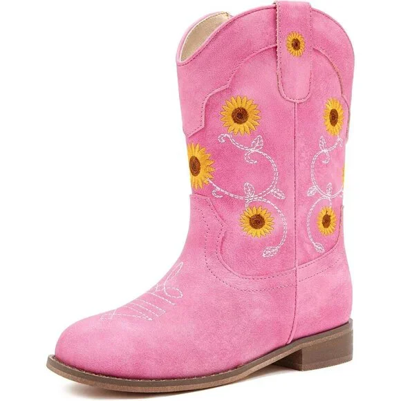 ⚡Girls Rose Pink Floral Embroidered Cowgirl Boots Western Square Toe Mid Calf