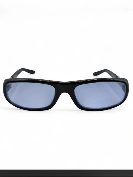 Y2K Identity Wraparound Sunglasses Black Blue Lens Retro Cyber