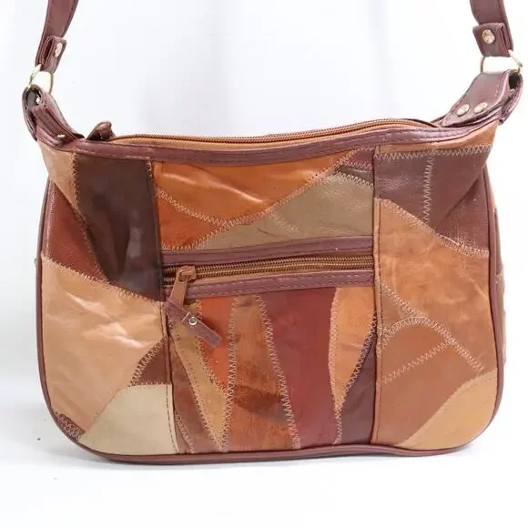 Vtg Patch Leather Crossbody Handbag Women M Brown Tone Colorblock Purse Bag