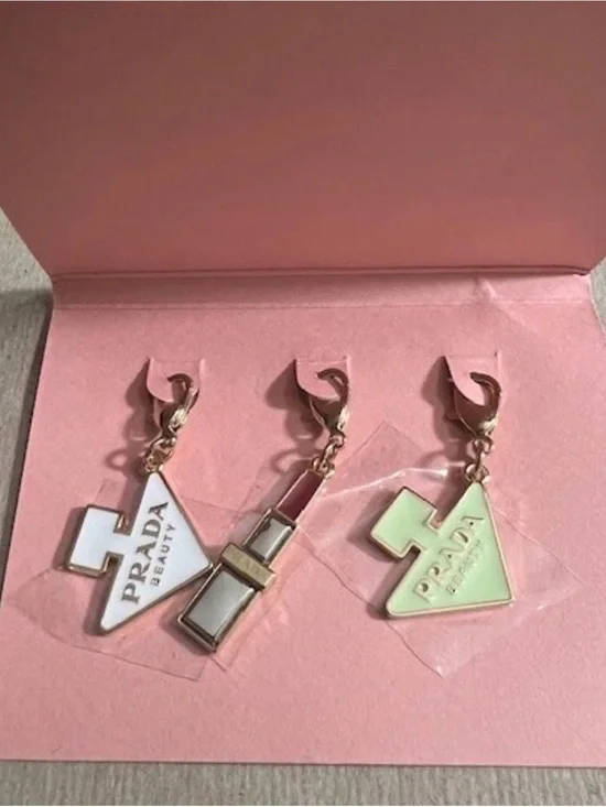 Prada Beauty Enamel Mini Charm Keychain Trio in Pink, White & Mint with Gold HW