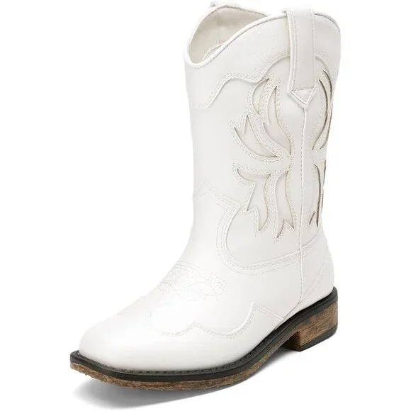 ⚡Girls White Square Toe Mid Calf Cowgirl Boots Western Fashion Riding Shoes