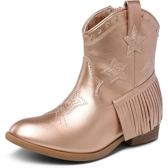 ⚡Girls Rose Gold Cowgirl Ankle Western Boot Side Zipper Riding Shoes With Tassel
