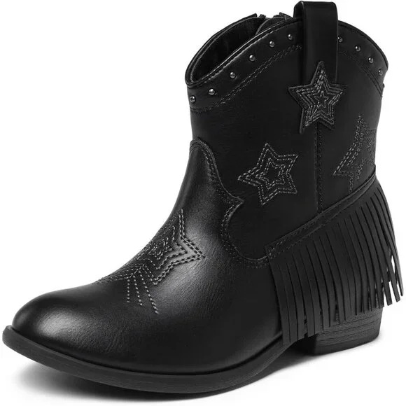 ⚡Girls Black Cowgirl Ankle Western Boots Side Zipper Riding Shoes With Tassel