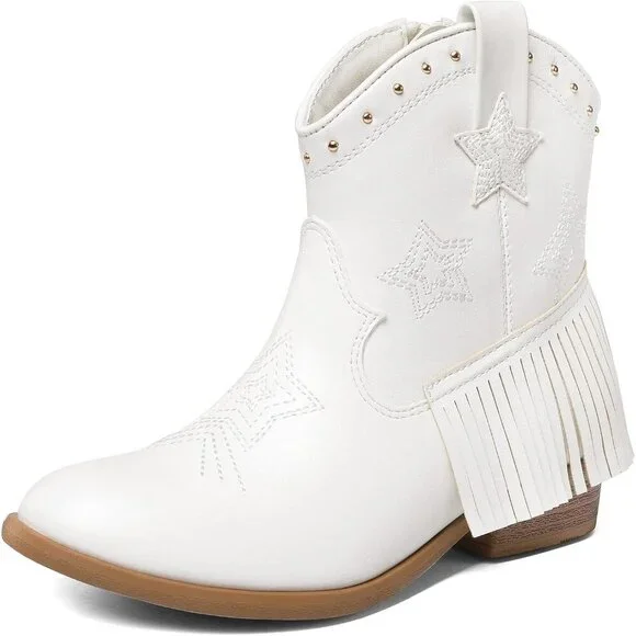 ⚡Girls White Cowgirl Ankle Western Boots Side Zipper Riding Shoes With Tassel