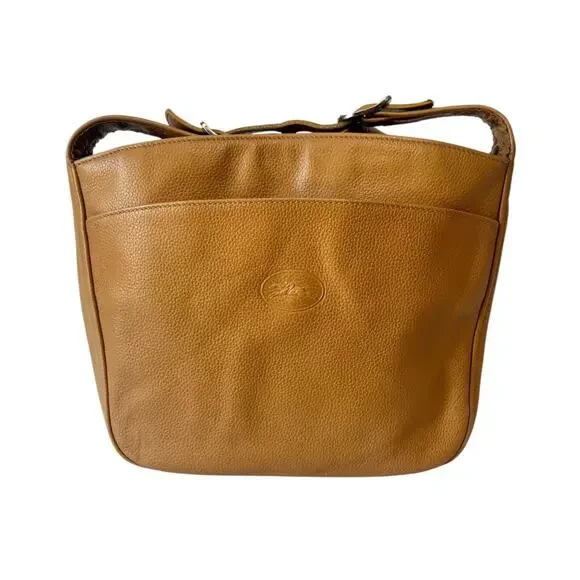 Longchamp Le Foulonne Pebbled Leather Crossbody Bag Tan Silver Vintage Y2K