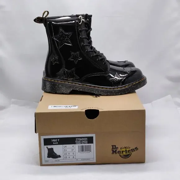 Dr Martens 1460 Girls Size 6 Youth Black Patent Glitter Star Combat Boots School
