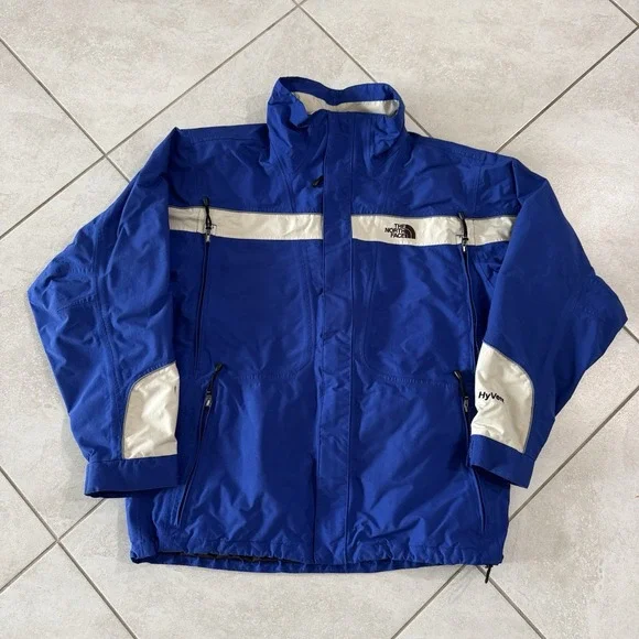 Vintage‎ North Face Jacket Mens L Blue White Hyvent Full Zip Outdoor Shell 90s