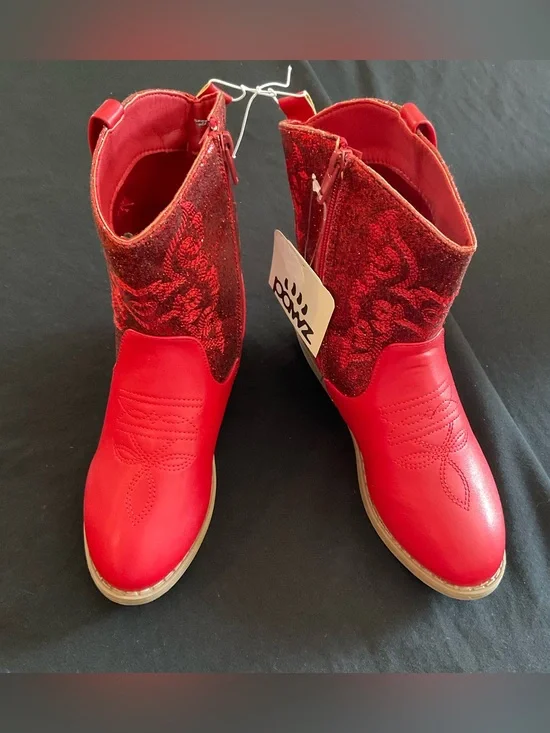 NWT PAWZ Girls Red Sparkle Glitter Western Cowboy Boots Side Zip Girls Sz 3