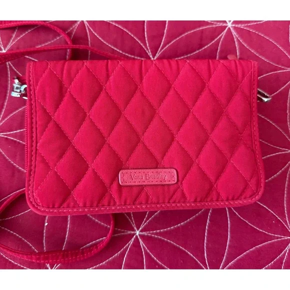 Vera Bradley Red Quilted Microfiber RFID All In One Crossbody Wallet Bag Rose