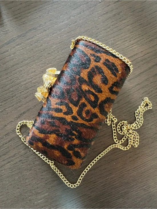 C.Wonder Genuine Leather Leopard Pony Hair Ram Head Clutch Crossbody Bag