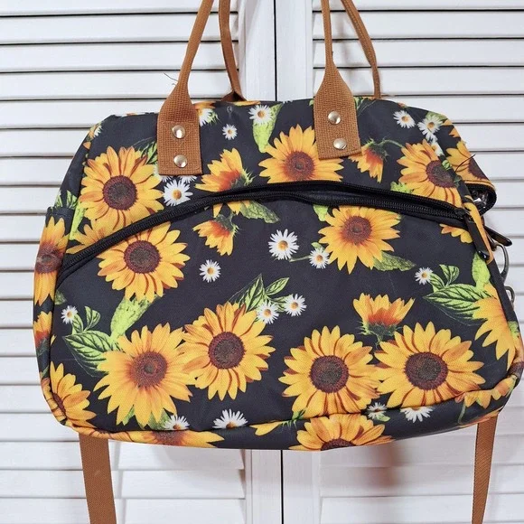 Sunflower Floral Print Crossbody Bag Black Yellow Canvas Satchel Tote Handbag