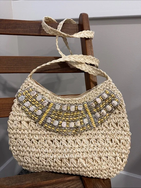 Vintage Sun N Sand Beaded Woven Raffia Shoulder Bag Boho Coastal Beaded Stones