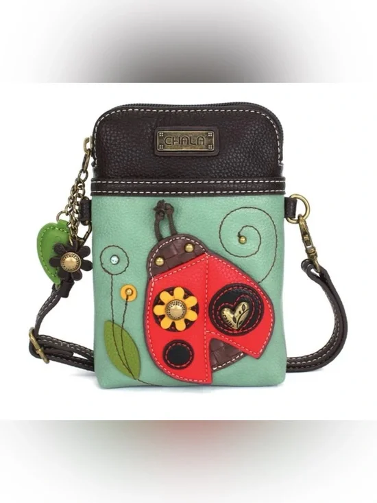 Chala Mint Green Crossbody with Red Ladybug and Brown Trim